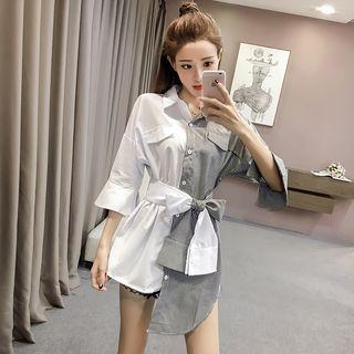 Contrast Panel Tie-waist 3/4-sleeve Shirt