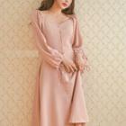 Lace-up Long-sleeve Midi A-line Dress As Shown In Figure - One Size