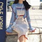 Long-sleeve Ruffle Trim Knit Mini Dress / Midi Dress