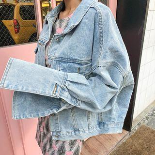 Wide-cuff Denim Trucker Jacket Light Blue - One Size