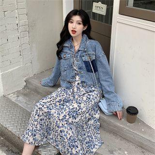 Pocket Detail Denim Jacket / Long-sleeve Flower Print Midi A-line Dress