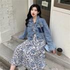 Pocket Detail Denim Jacket / Long-sleeve Flower Print Midi A-line Dress