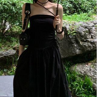 Asymmetrical Spaghetti Strap Drawstring Midi Dress Black - One Size