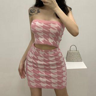 Plain Cropped Cardigan / Houndstooth Tube Top / Mini Pencil Skirt / Set