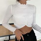 Mock Neck Ruffled-trim Knotted Crop Top