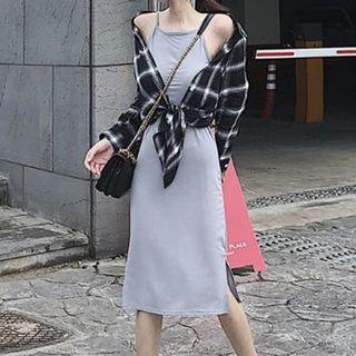 Plaid Shirt / Side Slit Halter Dress