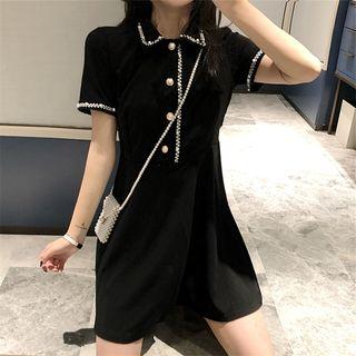 Faux Pearl Trim Short-sleeve A-line Polo Dress