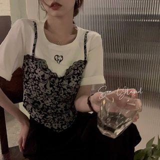 Short-sleeve Mock Two-piece Paisley Print T-shirt Black & White - One Size