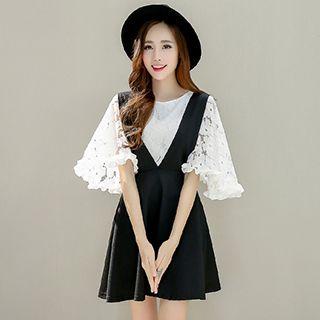 Set: Elbow-sleeve Lace Top + A-line Pinafore Dress