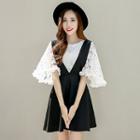 Set: Elbow-sleeve Lace Top + A-line Pinafore Dress
