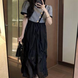 Spaghetti Strap Mesh Midi A-line Dress / Short-sleeve Houndstooth Crop Top
