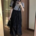 Spaghetti Strap Mesh Midi A-line Dress / Short-sleeve Houndstooth Crop Top