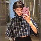 Elbow-sleeve Cropped Plaid Shirt Bluish Green - One Size