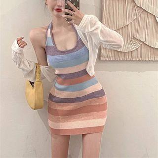 Rainbow-stripe Mini Halter Dress / Light Cardigan