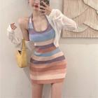 Rainbow-stripe Mini Halter Dress / Light Cardigan