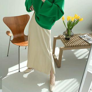 Slit-side Satin Long Flare Skirt
