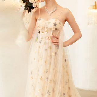 Star Applique Spaghetti-strap A-line Mesh Evening Gown