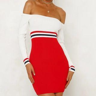 Long-sleeve Off-shoulder Two Tone Contrast Trim Mini Dress