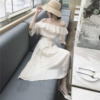 Set: Ruffle Trim Off Shoulder Elbow Sleeve Top + Midi A-line Skirt
