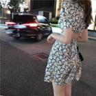 Floral Short-sleeve Cutout-back Mini A-line Dress