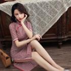 Short-sleeve Lace Trim Checker Qipao