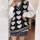 Heart Pattern Sweater Vest / Pleated Skirt / T-shirt