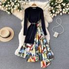Mock Two-piece Asymmetrical Print Panel Knit Dress