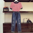 Short-sleeve Striped T-shirt / Ripped Jeans / Set