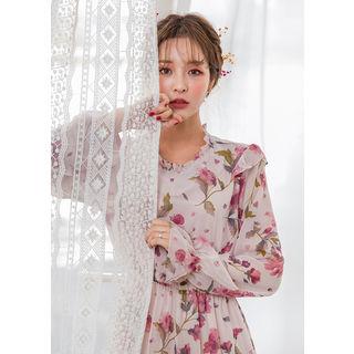 Tall Size Blossom Printed Frilled Chiffon Dress
