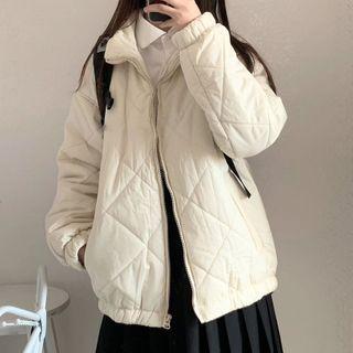 Elastic-hem Plain Zip Padded Jacket