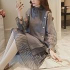 Set: Long-sleeve Lace Dress + Sleeveless Button-detail Shift Dress