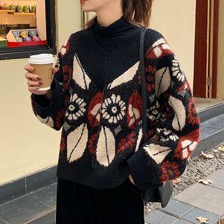 V-neck Patterned Sweater Black - One Size