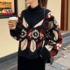 V-neck Patterned Sweater Black - One Size