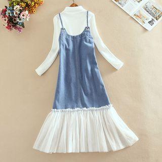 Mock-neck Long-sleeve Knit Top / Mesh Panel Denim Spaghetti Strap Pinafore Dress / Set