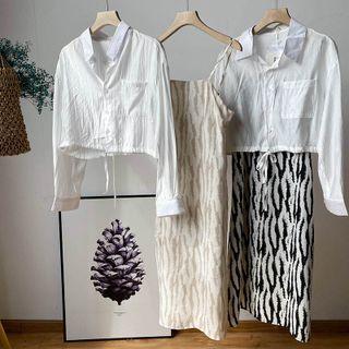Set: Pocket Detail Crop Shirt + Spaghetti Strap Zebra Print Sheath Dress