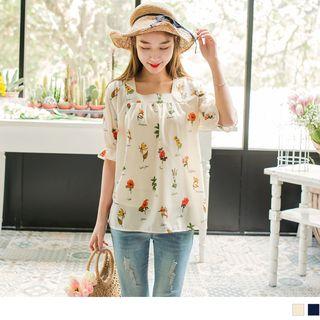 Smocked-cuff Floral Print Top