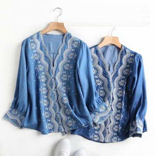 Embroidered V-neck Denim Blouse