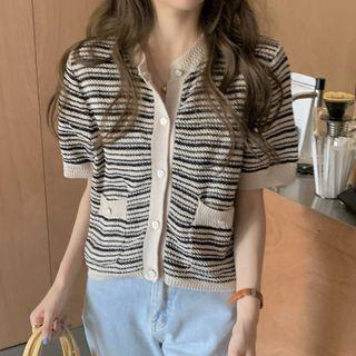 Short-sleeve Striped Cardigan Stripe - Almond & Black - One Size