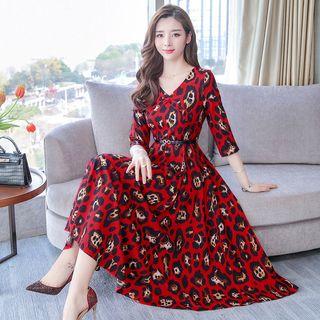 3/4-sleeve Leopard Print Midi A-line Dress