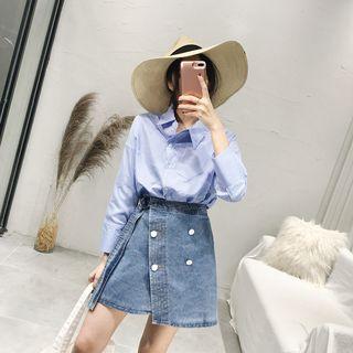 Set: Striped Shirt + Washed A-line Denim Skirt