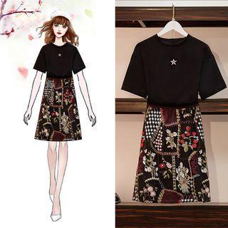 Set: Short-sleeve Star Embroidered T-shirt + Floral Embroidered A-line Skirt