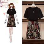 Set: Short-sleeve Star Embroidered T-shirt + Floral Embroidered A-line Skirt
