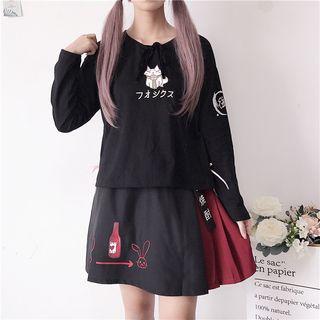 Long-sleeve Cat Print T-shirt / Two-tone Mini A-line Skirt