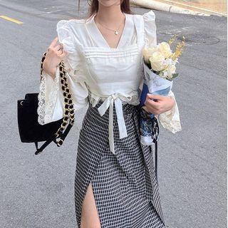V-neck Lace Trim Blouse / Frill Trim Tie-front Camisole Top / Plaid Midi Skirt