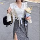 V-neck Lace Trim Blouse / Frill Trim Tie-front Camisole Top / Plaid Midi Skirt