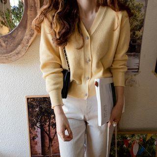 Rhinestone-buttoned Wool Blend Rib-knit Cardigan