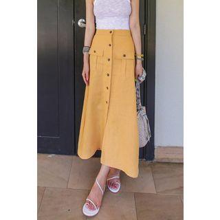 Button-detail Linen Long Skirt