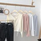 Color Panel Round-neck Long-sleeve Ruched Shirt