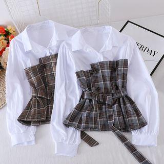 Mock Two-piece Long-sleeve Panel Plaid Top