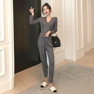 Set: Plain V-neck Long-sleeve Top + Cropped Pants